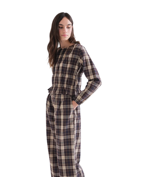 Ruched Plaid Blouse - Brown Plaid