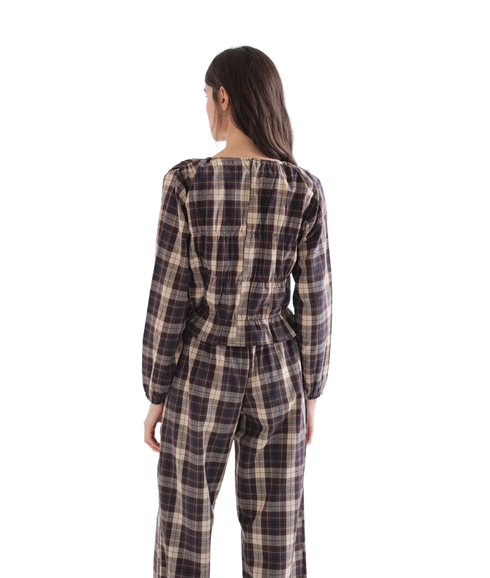 Ruched Plaid Blouse - Brown Plaid