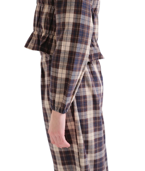 Ruched Plaid Blouse - Brown Plaid