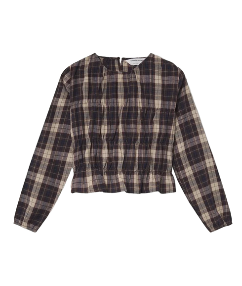 Ruched Plaid Blouse - Brown Plaid