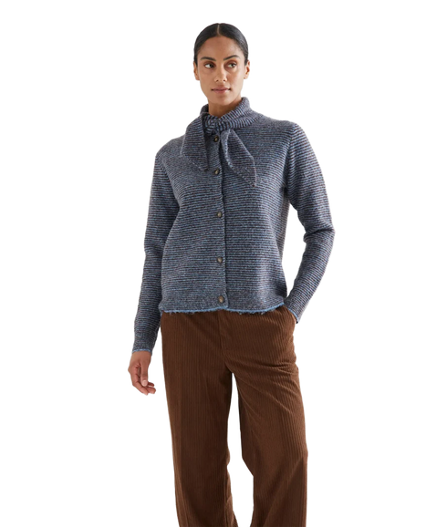 Tie Neck Stripe Cardigan - Blue Stripe
