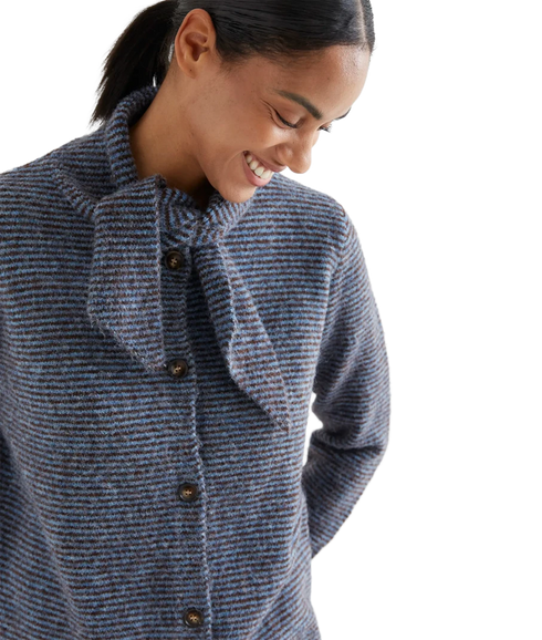 Tie Neck Stripe Cardigan - Blue Stripe