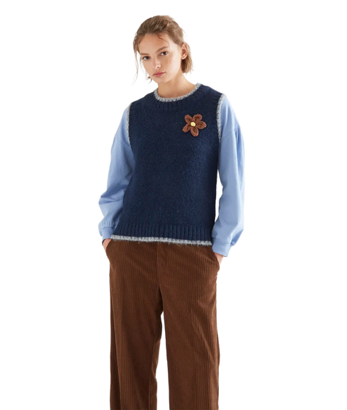Flower Applique Knit Vest - Navy Blue