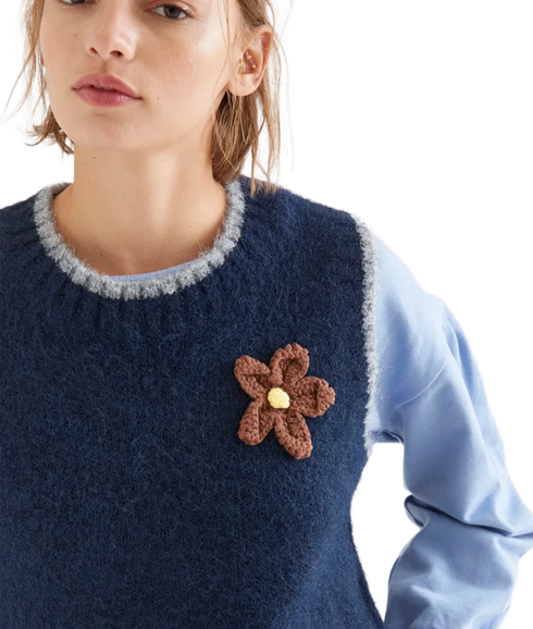 Flower Applique Knit Vest - Navy Blue