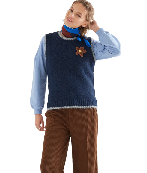 Flower Applique Knit Vest - Navy Blue