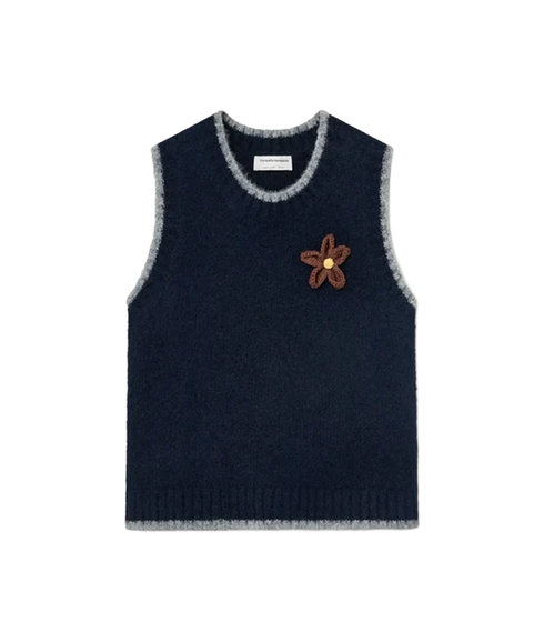 Flower Applique Knit Vest - Navy Blue