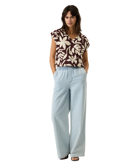 Leaf Print Cap Sleeved Top - Brown