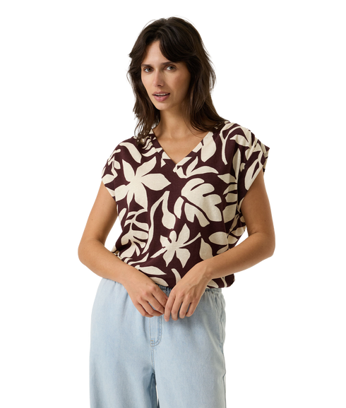 Leaf Print Cap Sleeved Top - Brown