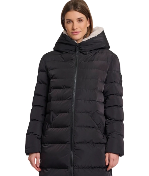 Long Padded Hooded Coat With Faux Fur - Black Stone