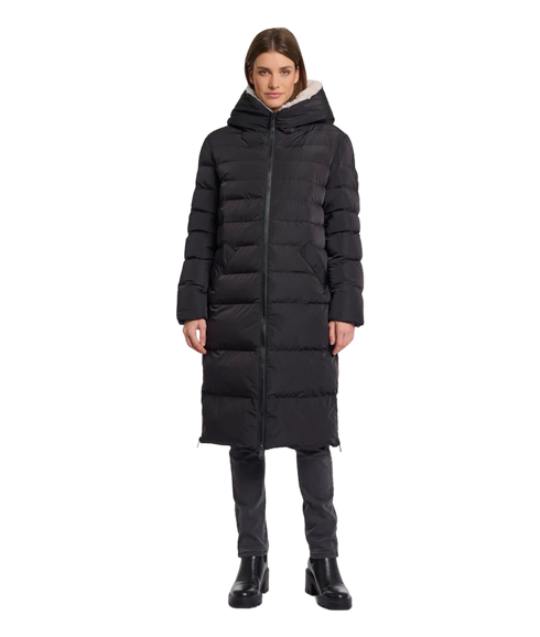 Long Padded Hooded Coat With Faux Fur - Black Stone