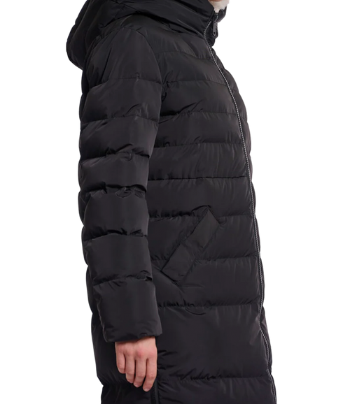 Long Padded Hooded Coat With Faux Fur - Black Stone