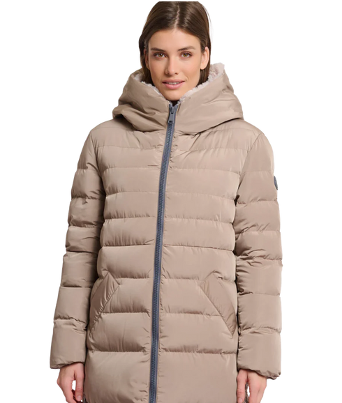 Long Padded Hooded Coat With Faux Fur - Toffee