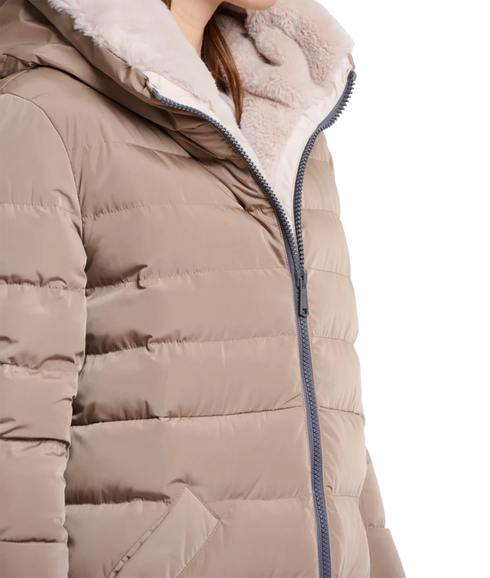 Long Padded Hooded Coat With Faux Fur - Toffee