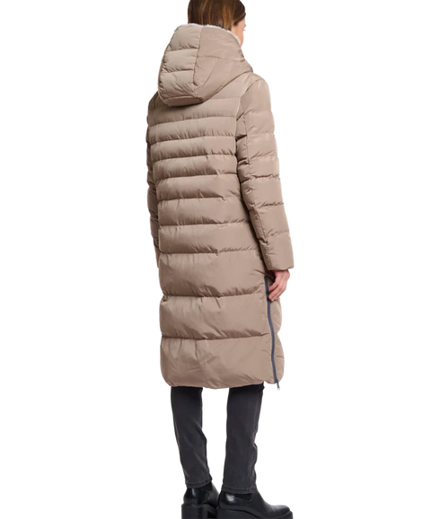 Long Padded Hooded Coat With Faux Fur - Toffee
