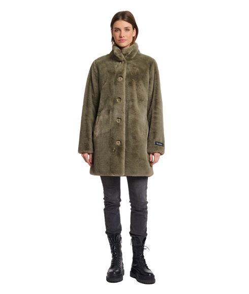 Single Breasted Fake Fur Coat - Green Ash