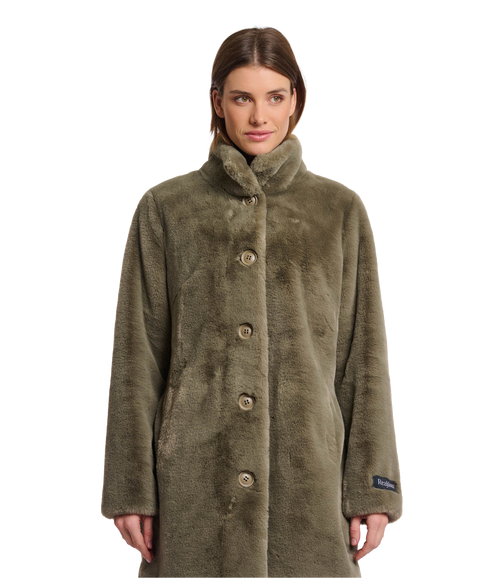 Single Breasted Fake Fur Coat - Green Ash