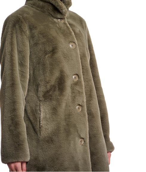 Single Breasted Fake Fur Coat - Green Ash
