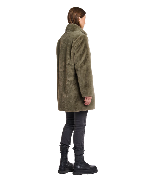 Single Breasted Fake Fur Coat - Green Ash