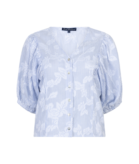 Blouse Balloon Sleeve Stripe & Flower Blouse - Blue