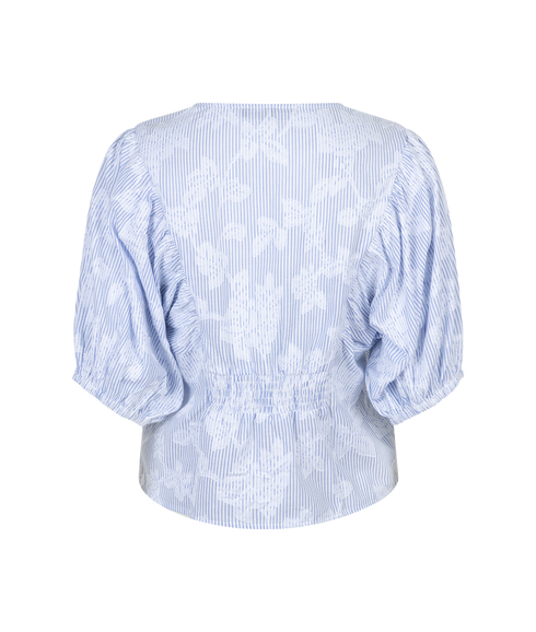 Blouse Balloon Sleeve Stripe & Flower Blouse - Blue