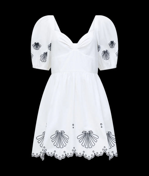 Cambria Cotton Anglaise Dress - Linen White/Navy