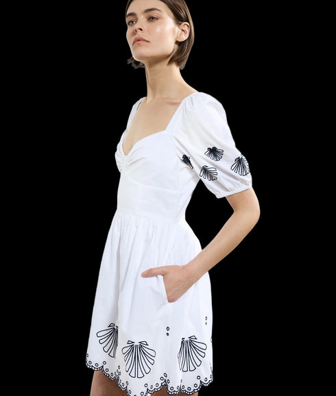 Cambria Cotton Anglaise Dress - Linen White/Navy