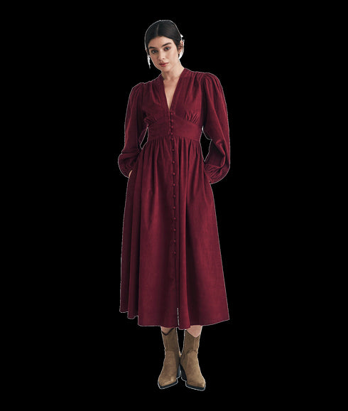 Cord Long Sleeve Starlight Midi Dress - Red