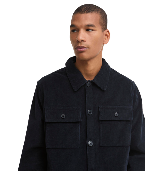 Tartan Trimmed Cord Overshirt - Navy