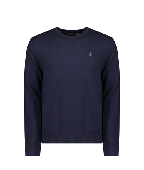 Cotton-Yarn Long Sleeve Pullover Sweater - Navy