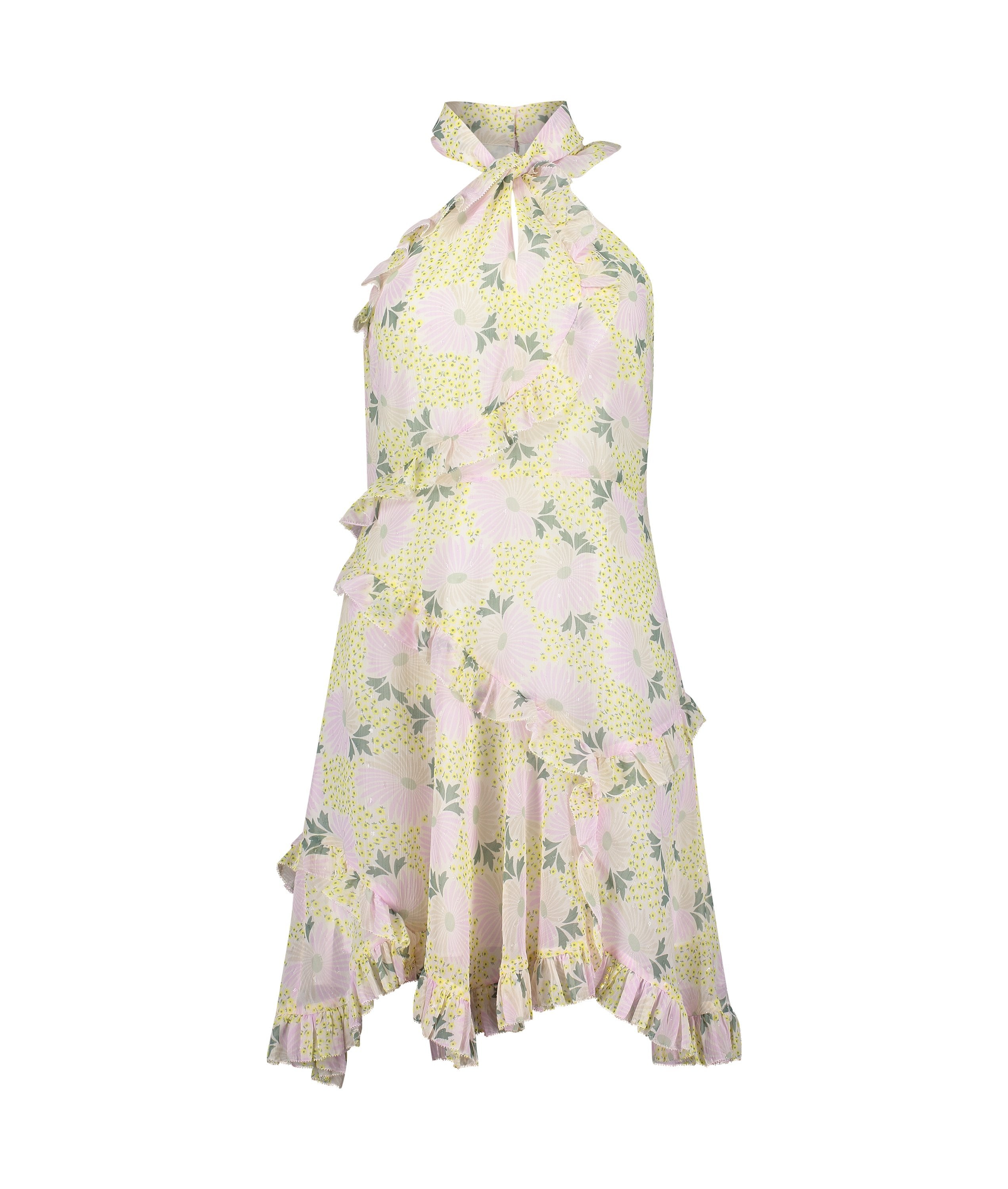 Suttonn Twist Neck Frill Detail Mini Dress - Light Yellow